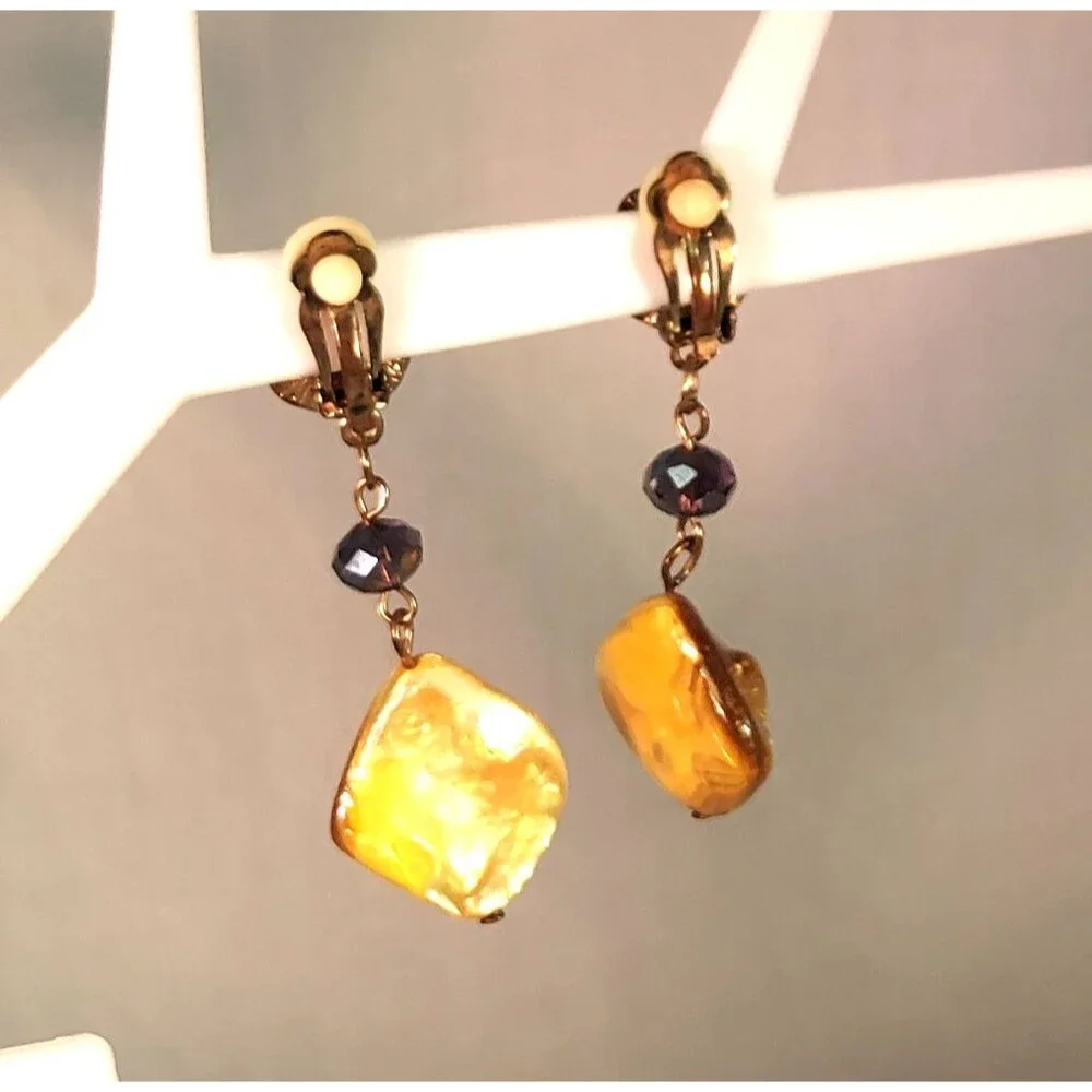 Gold Tone Large Natural Baroque Vintage Pearls Clip on Dangle Earrings 2.25